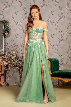 3D Floral Off Shoulder A-line Slit Gown by GLS Gloria GL3227