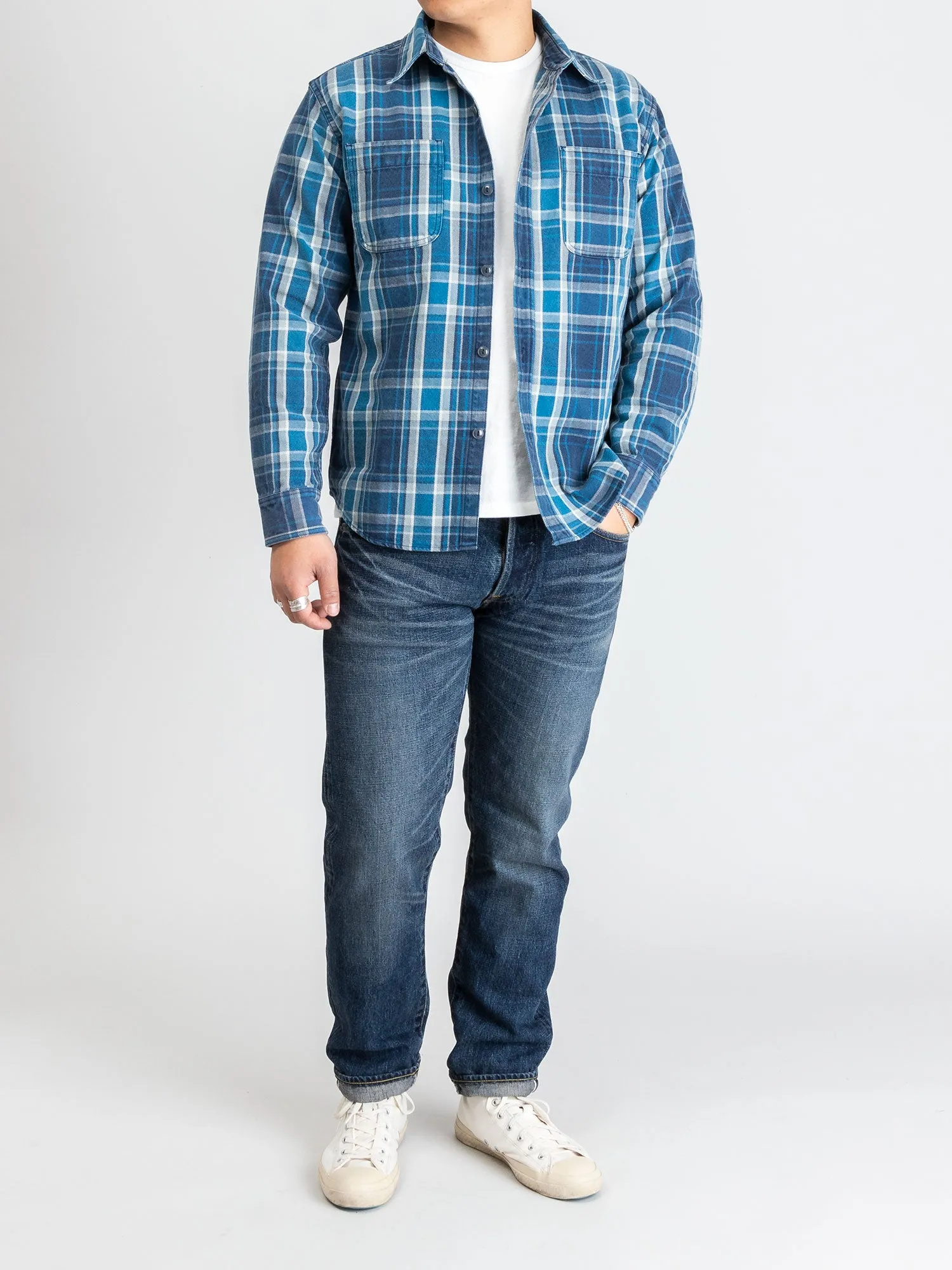 730WS Heavy Washed Flannel Shirt in Blue Check