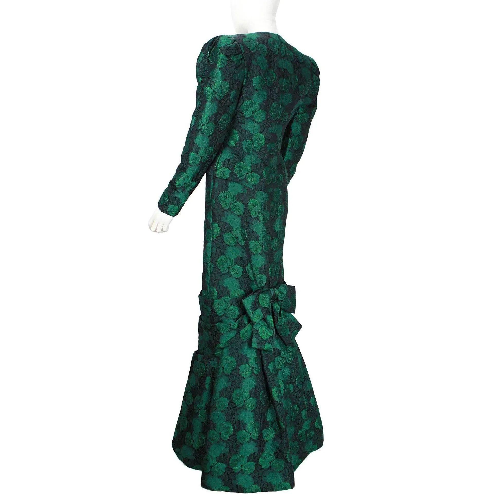 ARNOLD SCAASI 1980's Dark Green Floral Brocade Gown with Jacket | Size 8