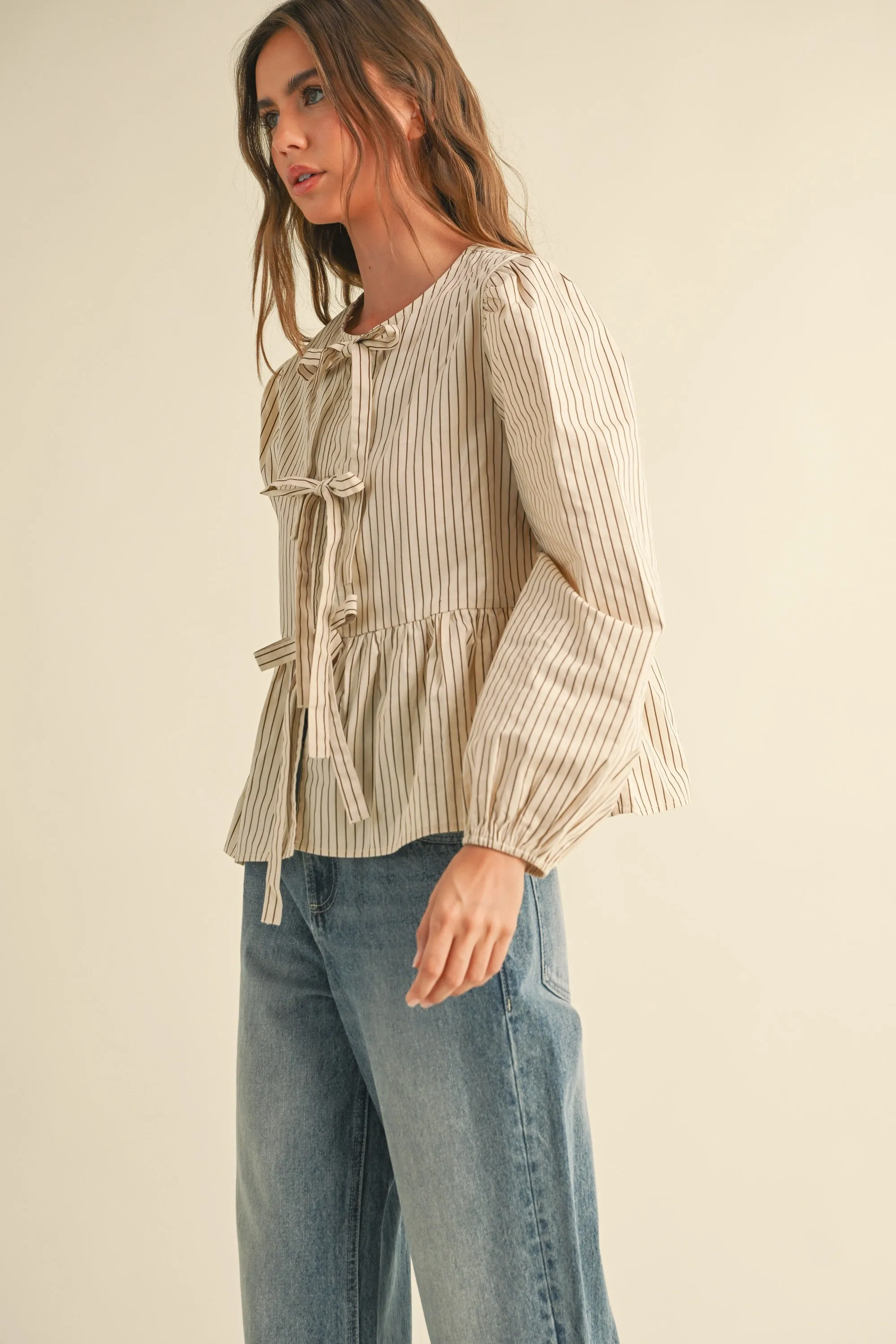 Ava Striped Woven Blouse with Front Tie