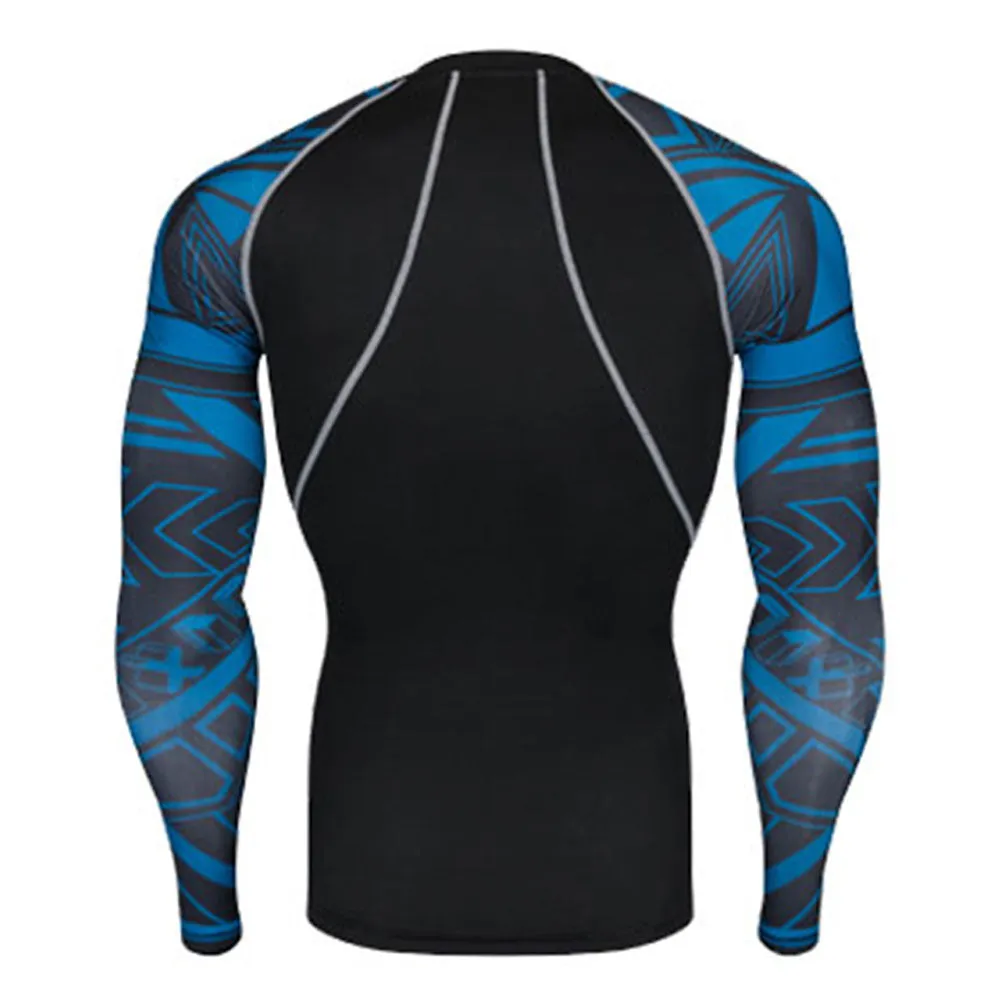 Azure Abstract Long Sleeve No Gi BJJ Compression Rash Guard for Jiu Jitsu, MMA, Grappling and Wrestling