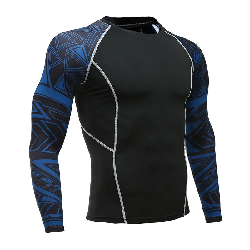 Azure Abstract Long Sleeve No Gi BJJ Compression Rash Guard for Jiu Jitsu, MMA, Grappling and Wrestling