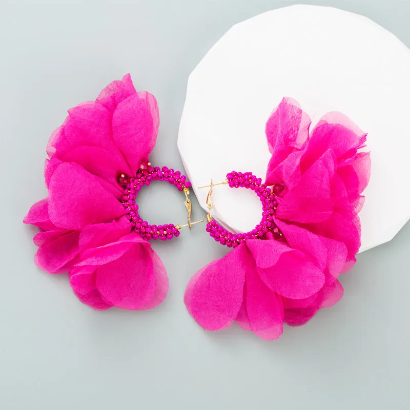 Beaded & Organza Floral Round Circle Earrings