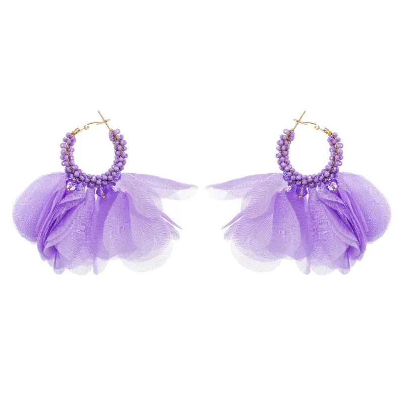 Beaded & Organza Floral Round Circle Earrings