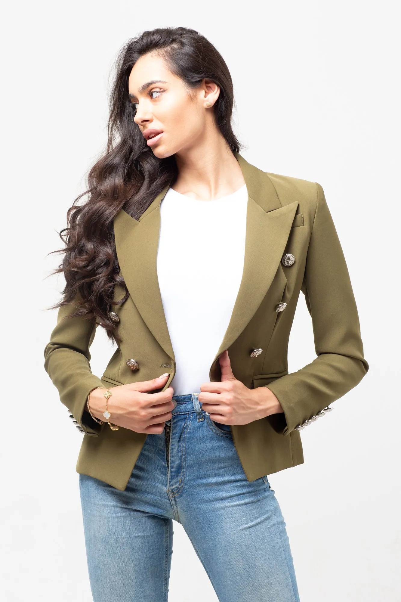 CLASSIC SILVER BUTTON BLAZER OLIVE