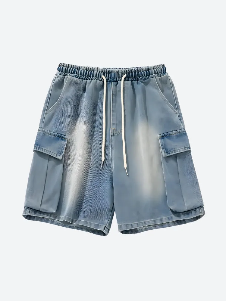 Denim Drawstring Wide Leg Cargo Shorts