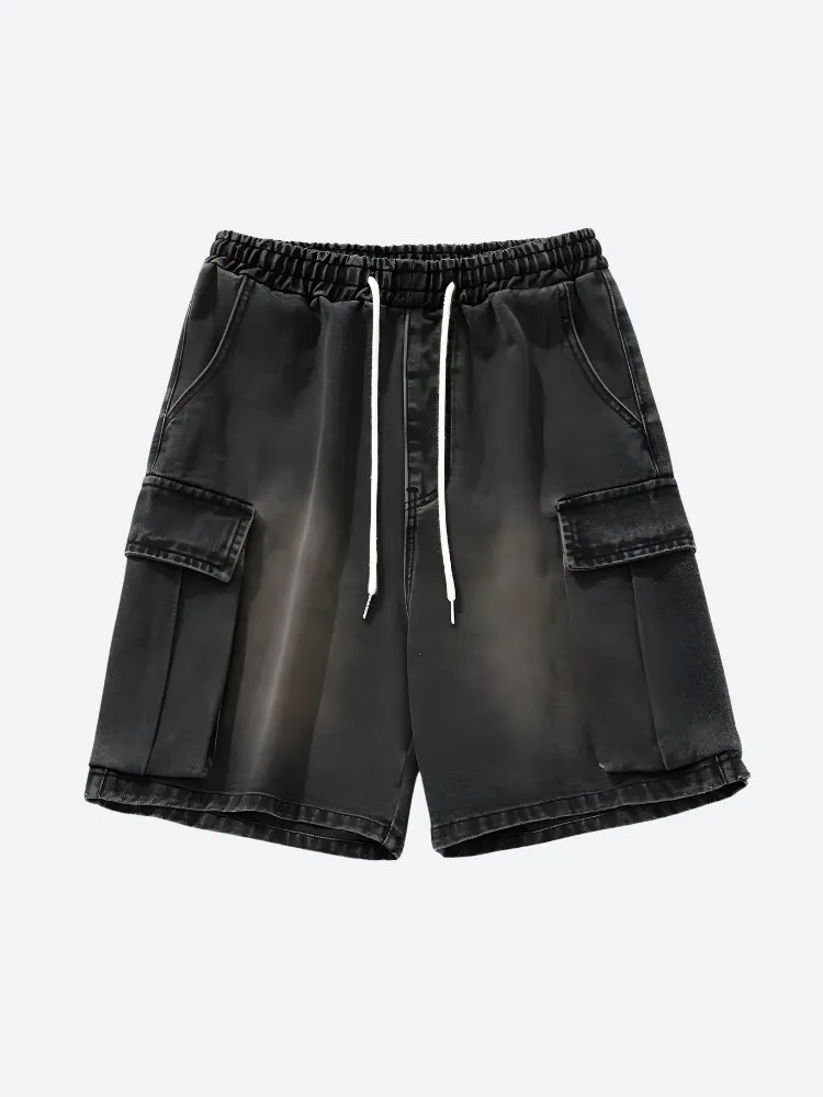 Denim Drawstring Wide Leg Cargo Shorts