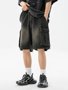 Denim Drawstring Wide Leg Cargo Shorts