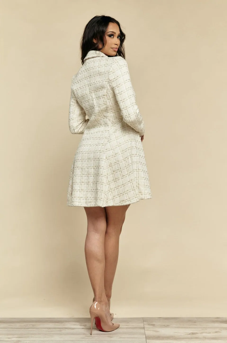 Emilia White and Beige A-Line Tweed Mini Dress