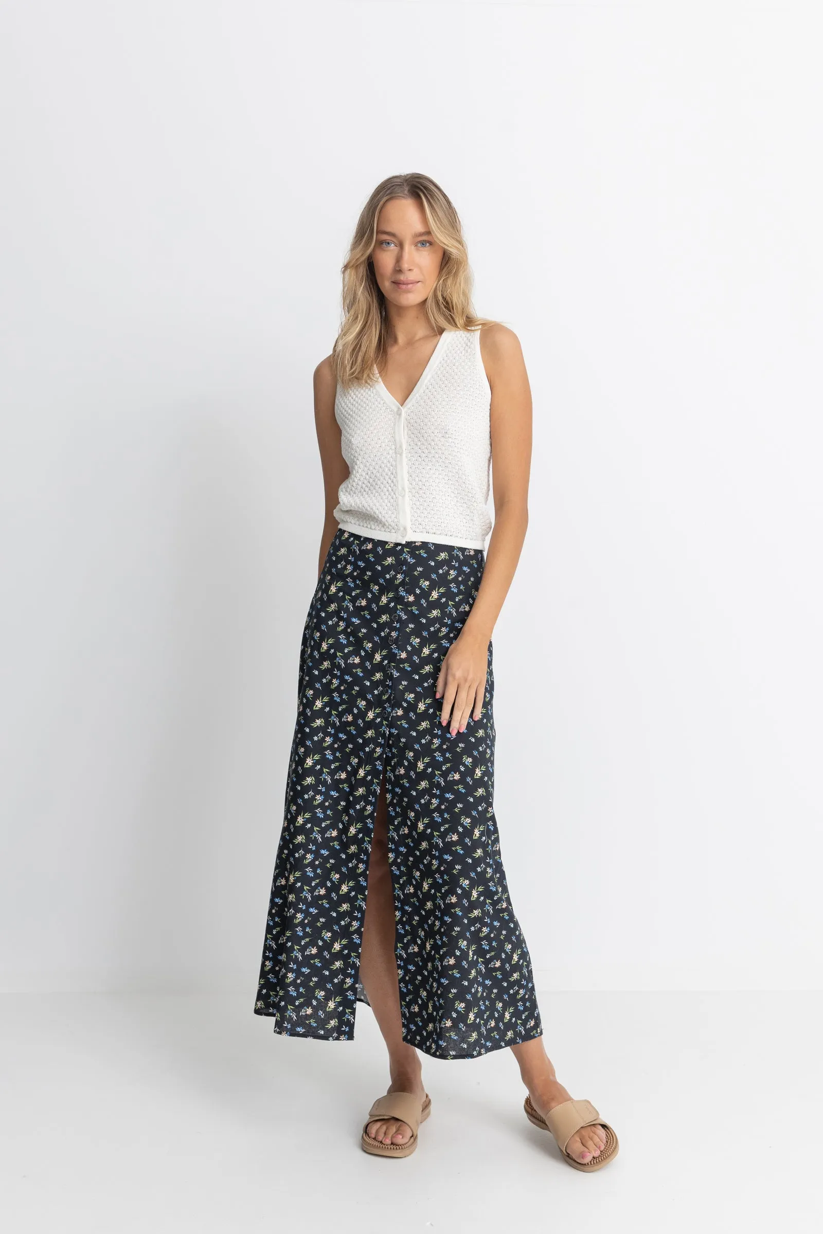 Fleur Floral Button Front Maxi Skirt Black