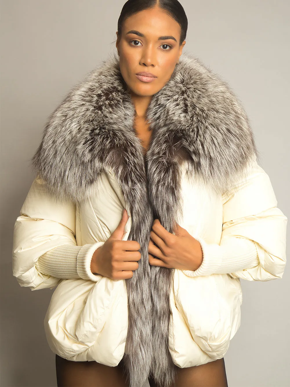 Fur Trim Puffer Jacket in Cream & Gray