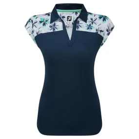 Ladies Blocked Floral Print Cap Sleeve Polo Shirt