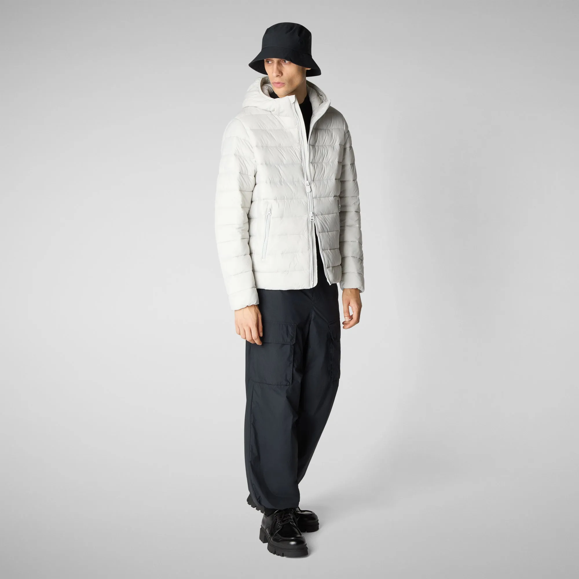 Man's animal free hooded puffer jacket Hector in fog grey