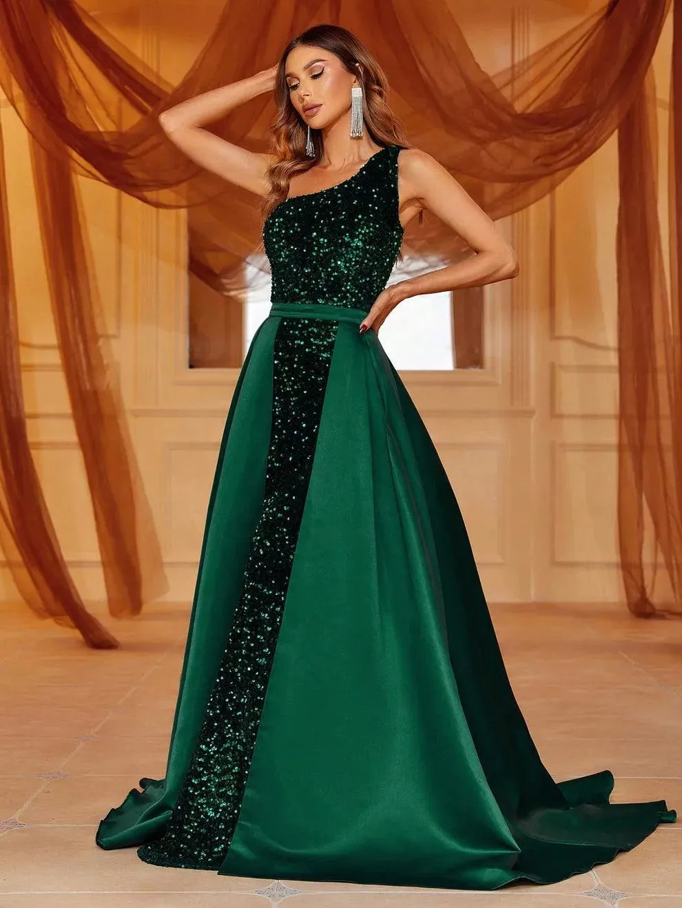 One Shoulder Satin Overlay Sequin Mermaid Dresses