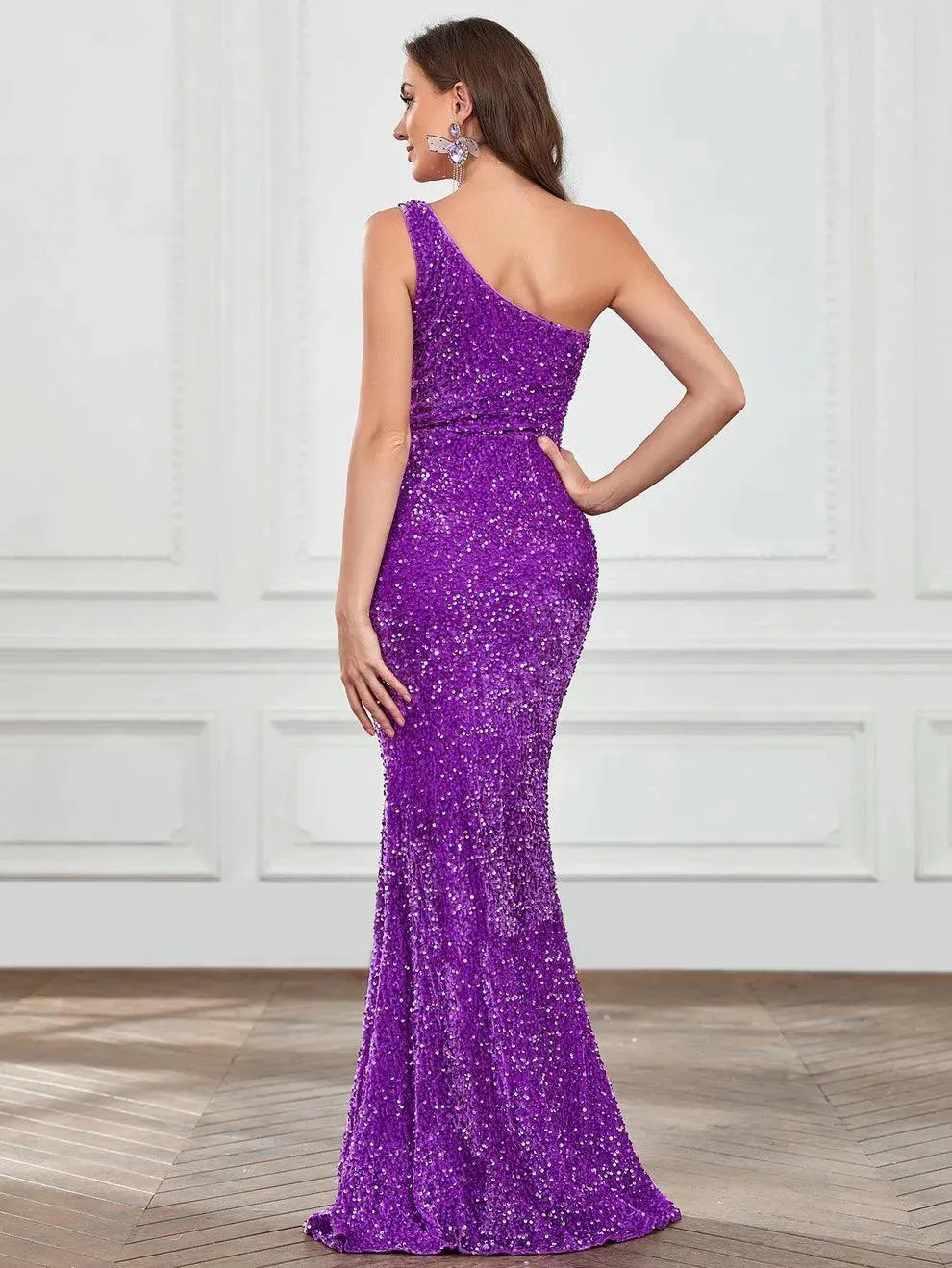 One Shoulder Satin Overlay Sequin Mermaid Dresses