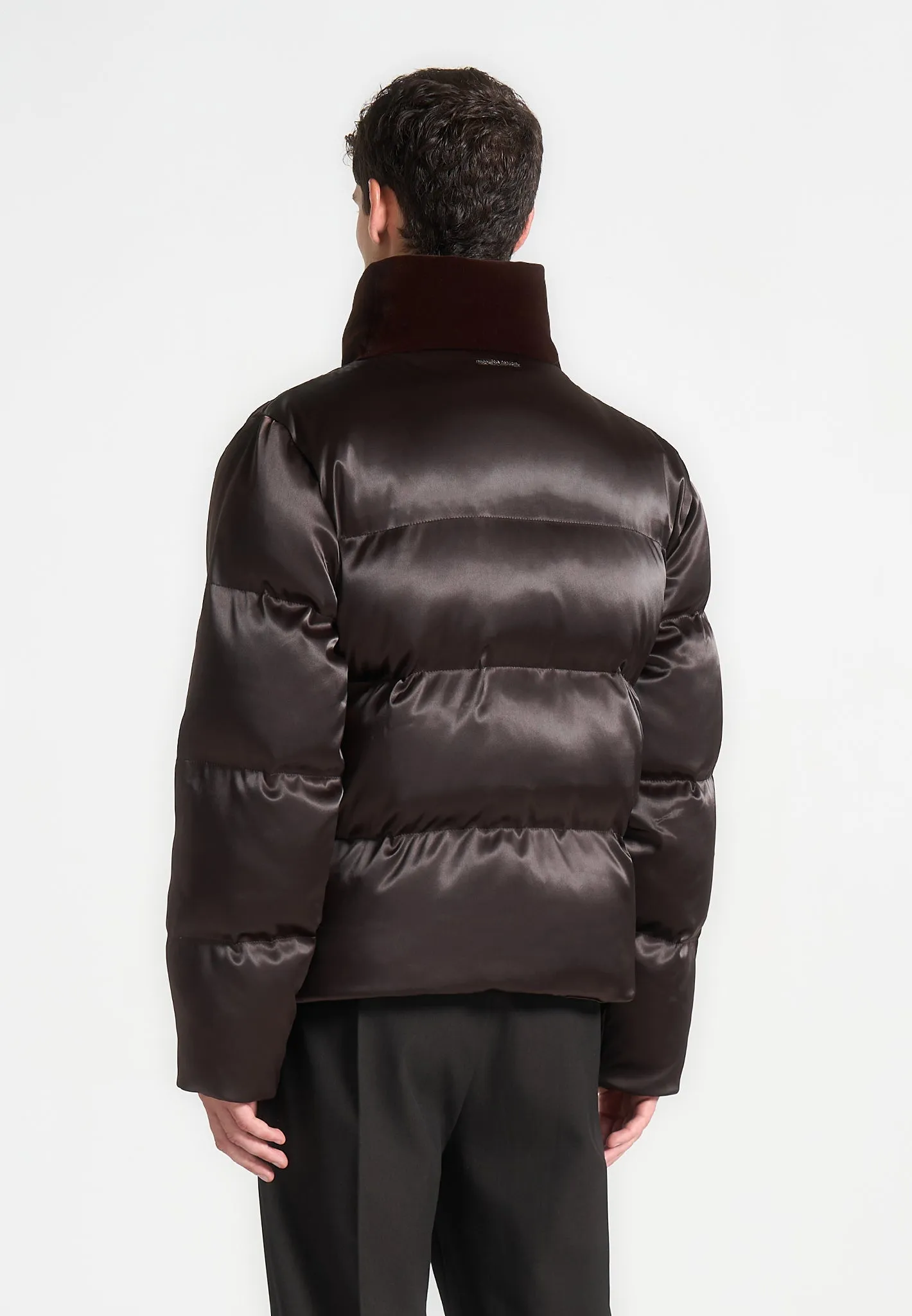 Satin and Velvet Panelled Puffer Jacket - Brown