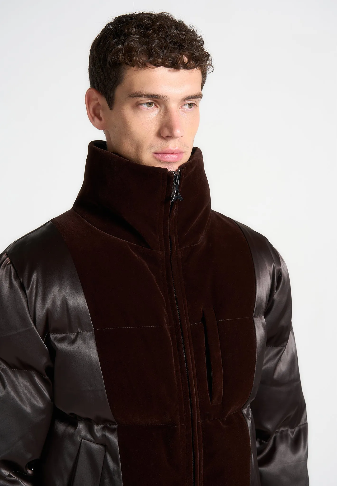 Satin and Velvet Panelled Puffer Jacket - Brown