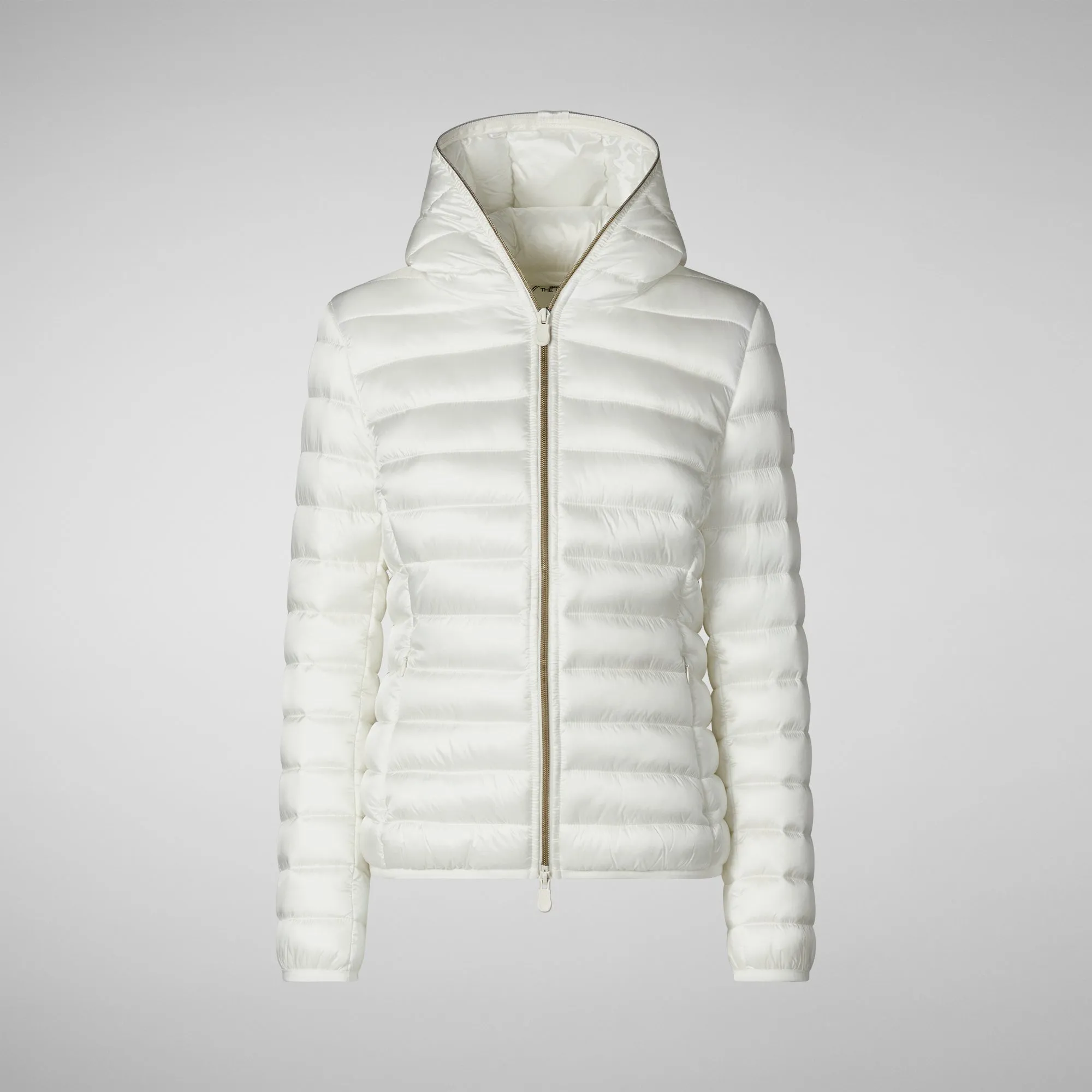 Woman's animal free hooded puffer jacket Alexis in off white