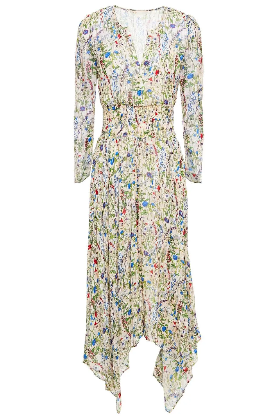 Women's Natural Rangley Asymmetric Metallic Fil Coupé Floral-print Chiffon Midi Dress